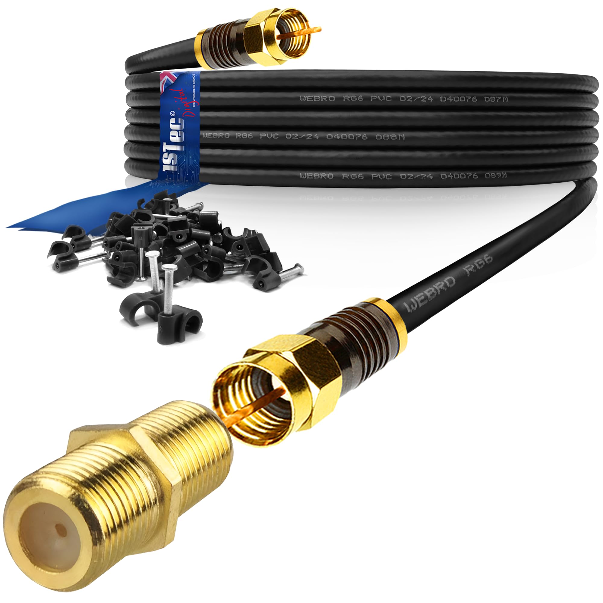 1STec 7m Long Black Gold Plated Male to Male Super Fast Virgin Media Webro RG6 Extension Cable with Female Joining Coupler for V6 TIVO Set Top Box or VIVID Fibre Super Hub Broadband Modems 7 Metre