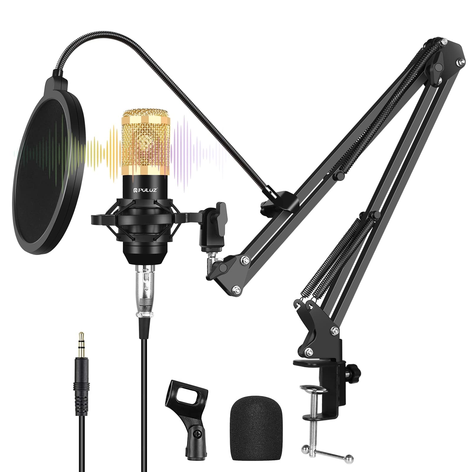 PULUZ Condenser Microphone Kit, Plug & Play with Live Sound Card, Supercardioid Condenser Mic with Boom Arm and Shock Mount for YouTube Vlogging, Gaming, Podcasting (Gold)