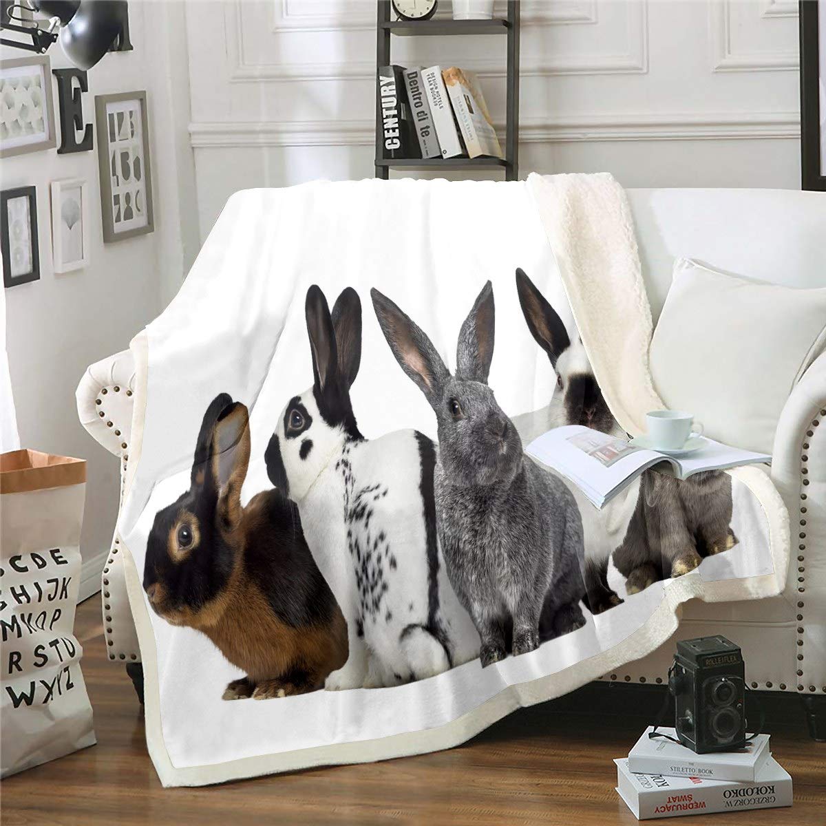 Rabbit Plush Blanket Cute Gray Rabbit Fleece Throw Blanket for Kids Boys Girls 3D Pet Animal Theme Sherpa Blanket Lovely Hare Fuzzy Blanket for Sofa Bed Couch,Single 50x60 Inch