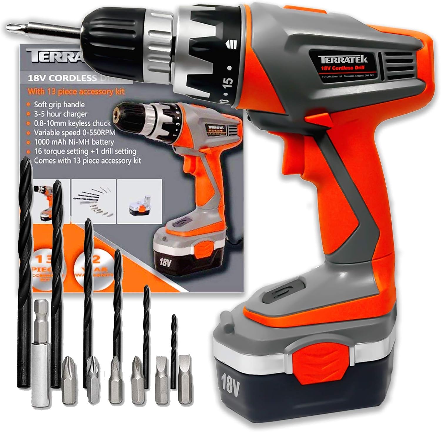 Terratek Cordless Drill 18V Combi Drill Electric Screwdriver