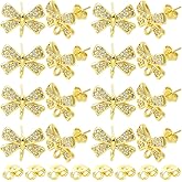 SUNNYCLUE 1 Box 10 Sets Real 18K Gold Plated Bow Earring Posts with Loop Elegant Shiny Bowknot Cubic Zirconia Rhinestone Stud Earring Findings for Jewelry Making Accessories Women Adult DIY Crafts