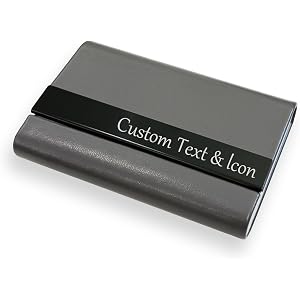 TQK Custom Business Card Holder, PU Leather & Stainless Steel, Gray | Custom Text and Icon, Slim 20-Card Capacity, Pocket Siz