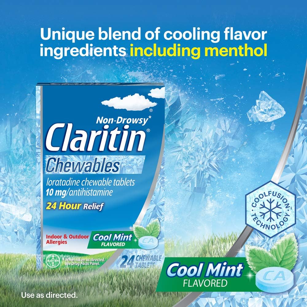 Claritin 24 Hour Chewable Allergy Relief, Non-Drowsy Allergy Medicine, Loratadine Antihistamine, Cool Mint Flavored Tablets, 64 Count: Health & Personal Care