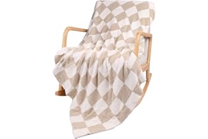 QQP Checkered Throw Blanket,Soft Cozy Microfiber Reversible Checkerboard Fluffy Blanket for Home Bed Couch., 50X60In（Camel&White）