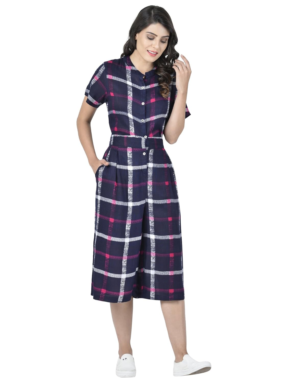martini women blue pink check calf length jumpsuit