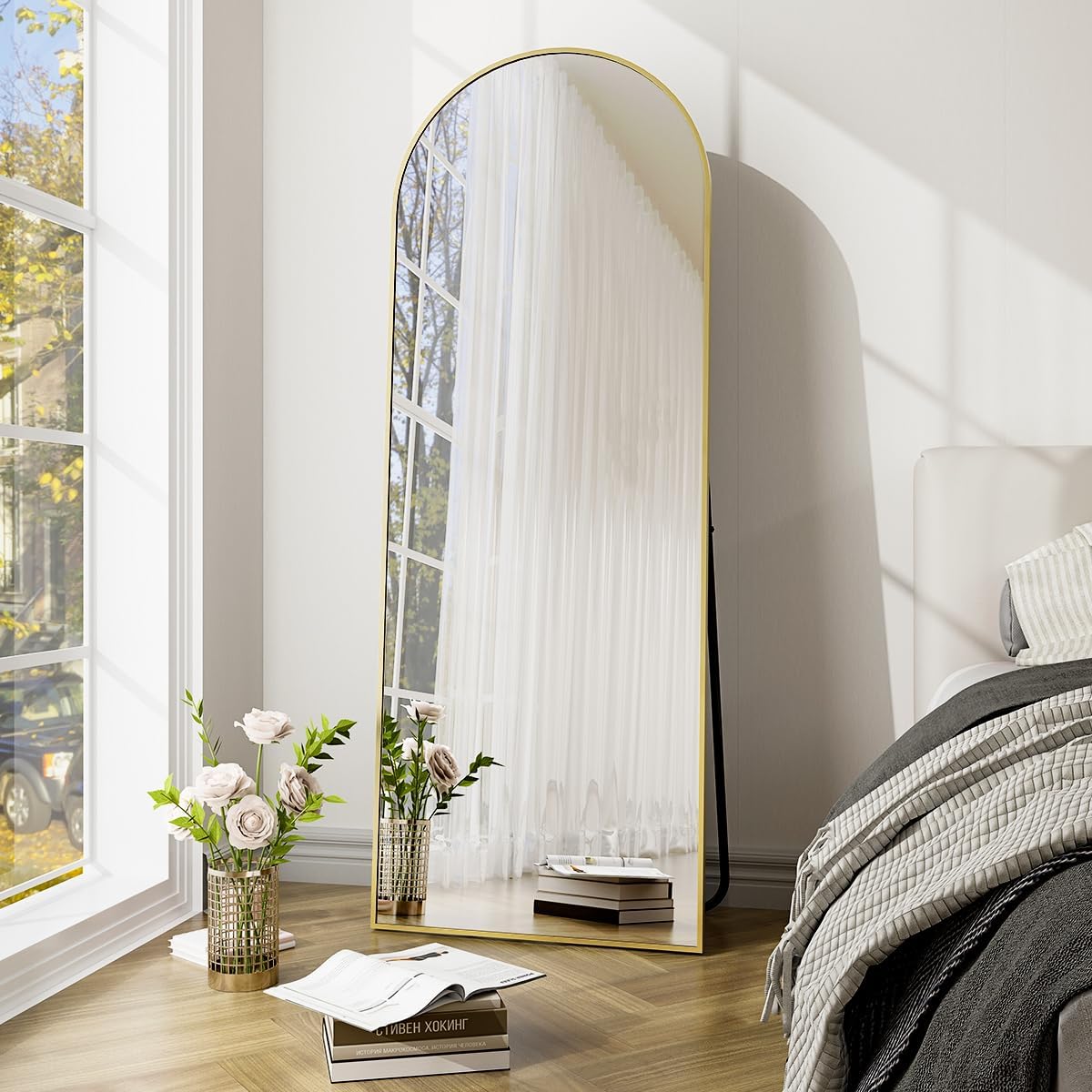 Mirrors - GLSLAND-21x64 inch Arched Full Length Mirror-Aluminum Alloy Frame High Definition-Full Body Mirror for Bedroom or Living Room,Gold