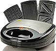 Ovente Electric Indoor Sandwich Grill Waffle Maker Set with 3 Removable Non-Stick Cast Iron Cooking Plates, 750W Countertop Breakfast Bread Toaster Perfect for Grilled Cheese Egg Steak, Black GPI302B