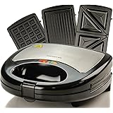 Ovente Electric Indoor Sandwich Grill Waffle Maker Set with 3 Removable Non-Stick Cast Iron Cooking Plates, 750W Countertop B