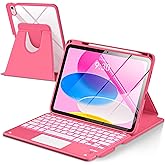 Touchpad for iPad A16 11th/10th Generation Case with Keyboard, 7 Color Backlit 360 Rotation Cover with Pencil Holder,Detachable Keyboard for iPad 11 inch 2025/10th Gen 10.9'' 2022 (Watermelon Red)