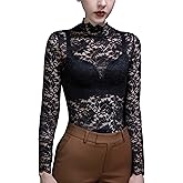 METWAY Lace Top for Women Long Sleeve Lace Shirt Sheer Turtleneck Ruffle Floral Mesh Undershirt Going Out Sexy Blouse
