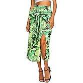 Ezcosplay Women Hawaiian Midi Skirt with Slit Tropical Floral Long Skirt Self Bow Tie Vacation Beach Split Skirts