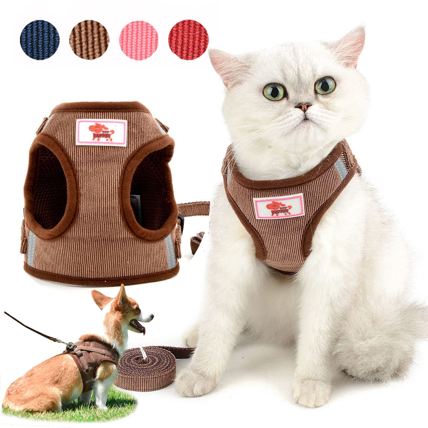 Zunea Pet Dog Cat Harness and Lead Set Escape Proof No Pull Adjustable Reflective Step-in Vest Harnesses for Walking Soft Mesh Padded Corduroy for Cats Kitten Puppy Small Dogs Brown XS