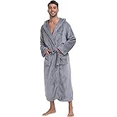 Men's Plush Hooded Bathrobe Winter Warm Fleece Robes Soft Flannel Long Robes with Pockets, Full Length