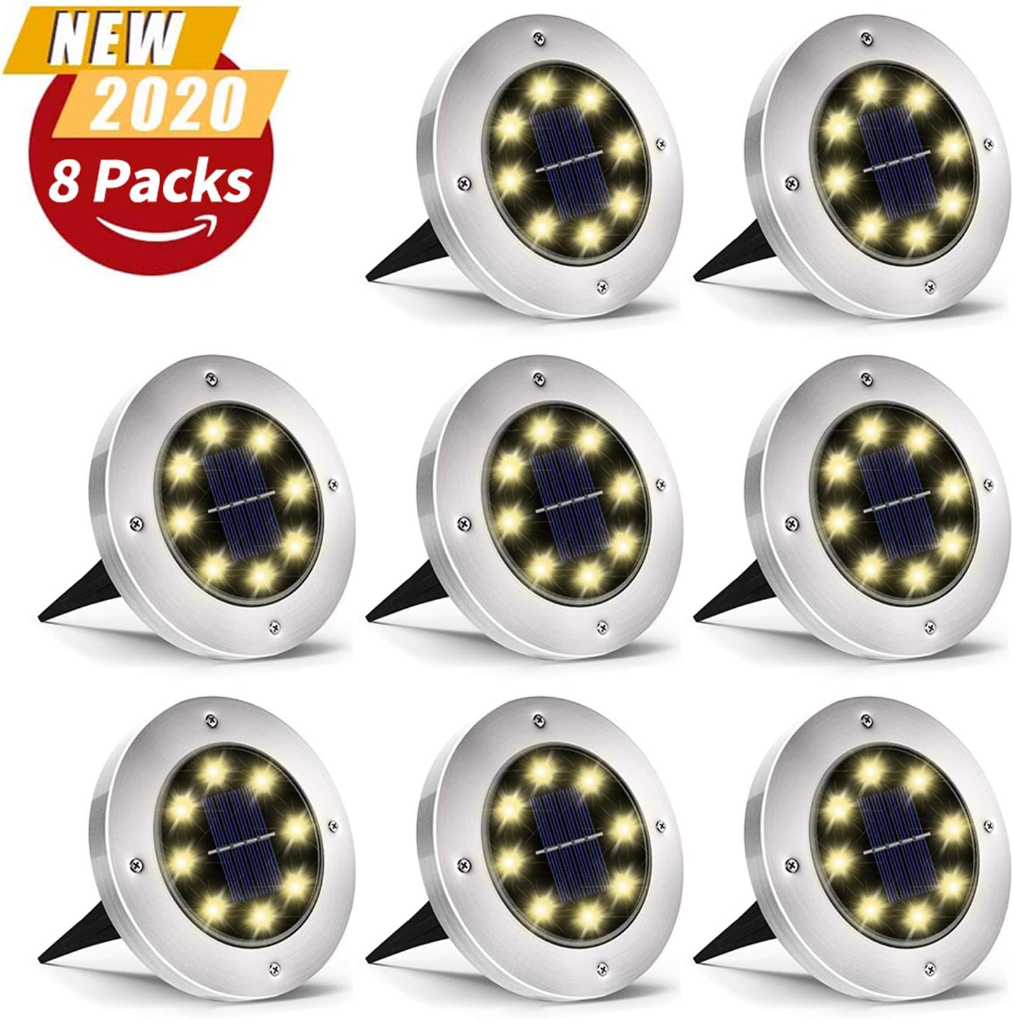 Solar Ground Lights, 8 LED Solar Garden Lights, Outdoor Solar Disk