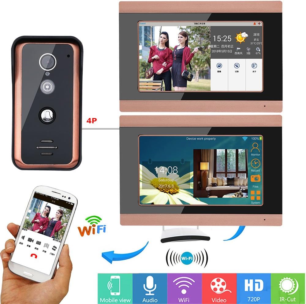 ENNIO 7inch 2 Monitors Wired WiFi Video Door Phone Doorbell Intercom Entry System with 1000TVL Wired IR-Cut Camera Night Vision,Support Remote APP intercom,Unlocking,Recording,Snapshot