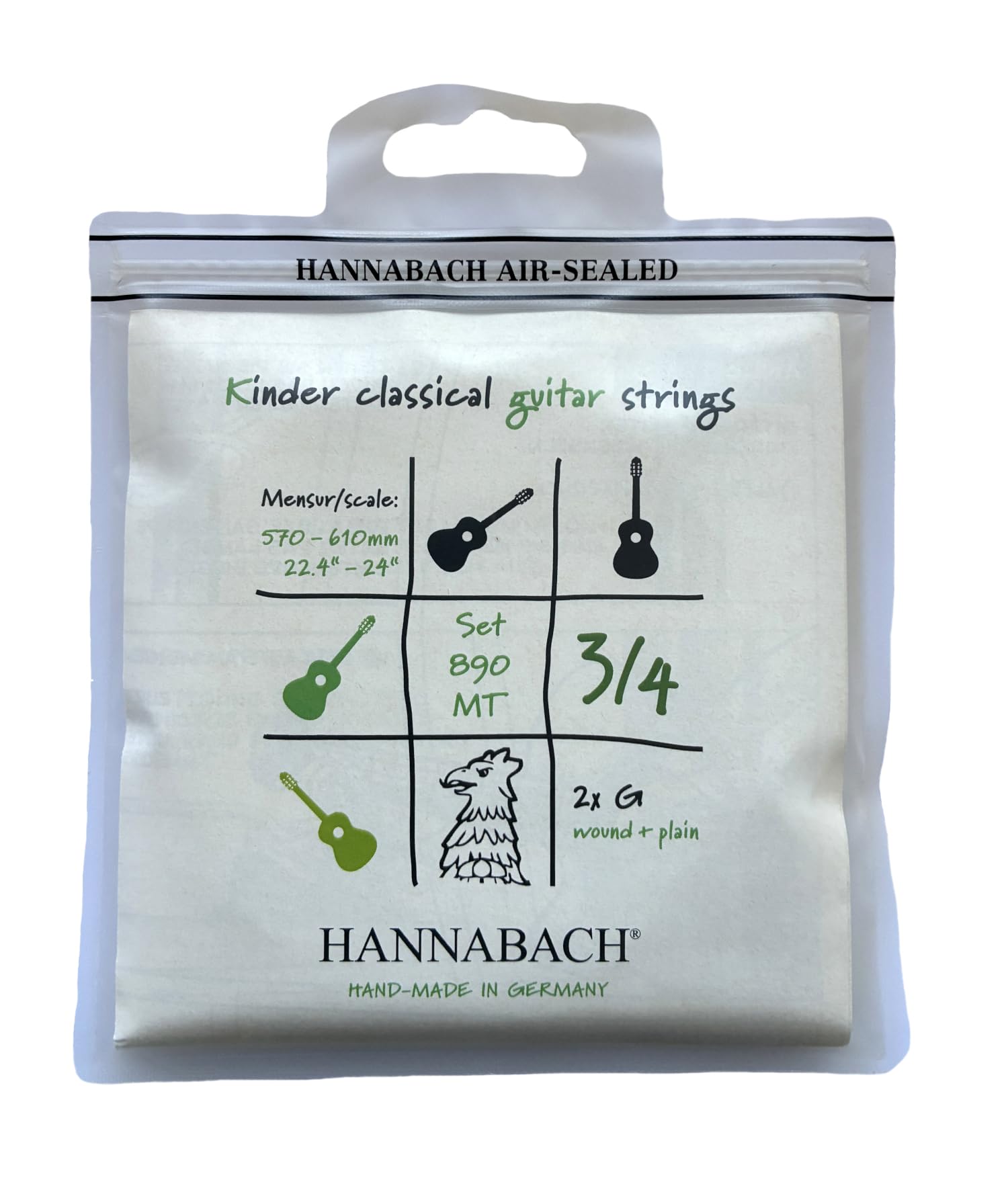 Hannabach Classical Guitar Strings Series 890 MT for 3/4 Children's Guitar Scale: 57-61 cm - Set with 2 G-strings - 890MT 3/4