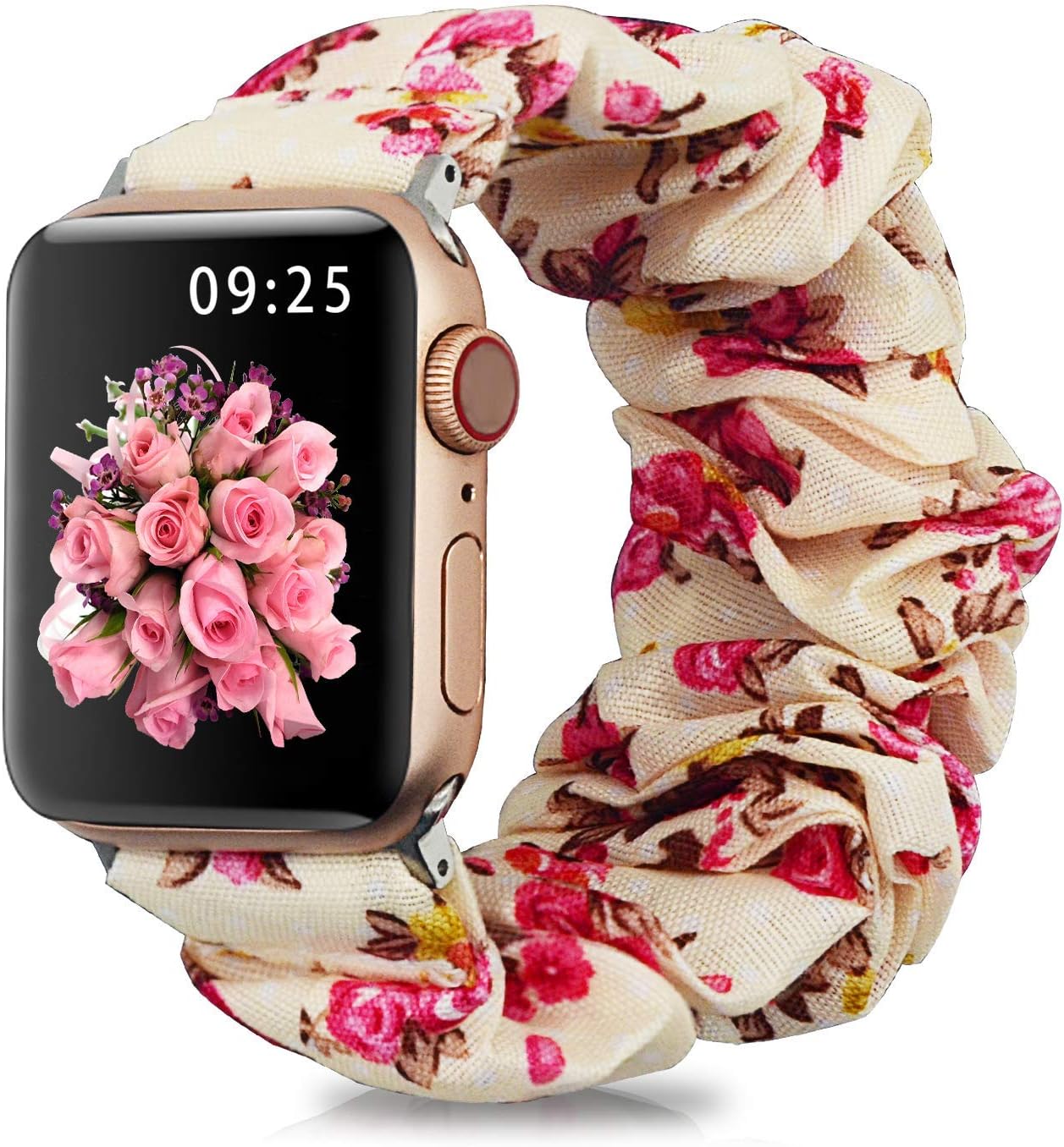 Soft Scrunchies Elastic Watch Band Compatible with Apple Watch(38mm 40mm / 42mm 44mm),for Women Girls,Velvet Elastics Hair Wristbands Replacement for IWatch Series 1 2 3 4 5（White Floral）