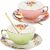 Lyellfe Set of 2 Tea Cup and Saucers, 8 Oz Floral Tea Cups with Gold Trim and Spoon, Porcelain British Coffee Cups for Party Christmas Birthday Wedding Gifts