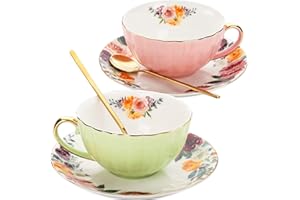 Lyellfe Set of 2 Tea Cup and Saucers, 8 Oz Floral Tea Cups with Gold Trim and Spoon, Porcelain British Coffee Cups for Party 