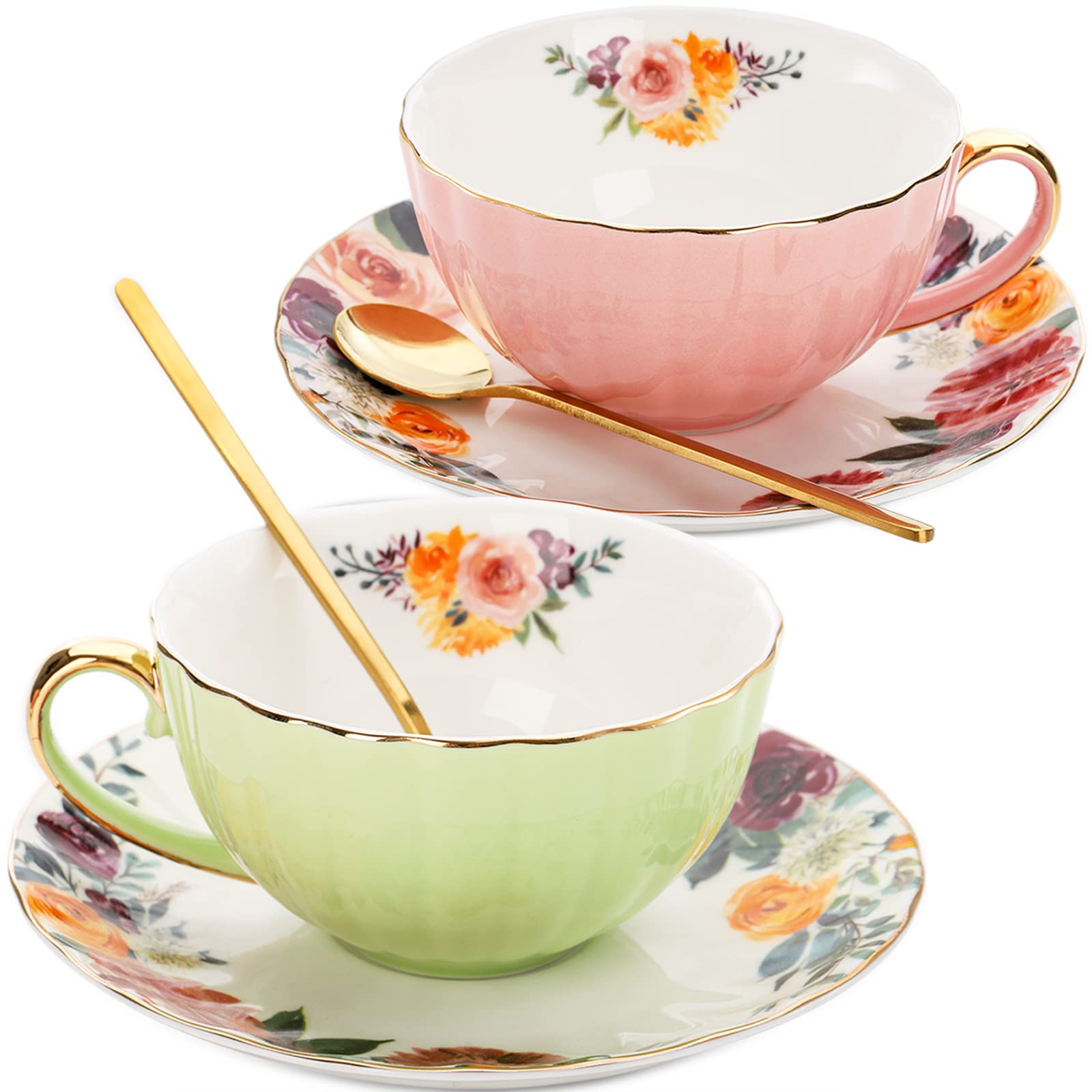 Photo 1 of Lyellfe Set of 2 Tea Cup and Saucers, 8 Oz Floral Tea Cups with Gold Trim and Spoon, Porcelain British Coffee Cups, Cappuccino Espresso Latte Cup Mugs for Party Birthday Wedding Gifts