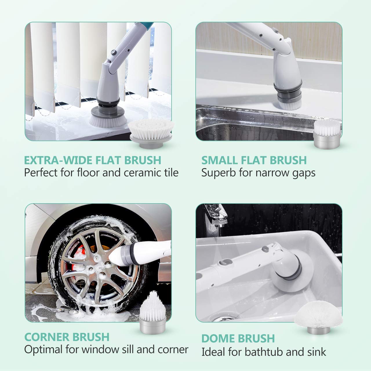 amzdeal Electric Floor Scrubber, 360 Cordless Bathroom Scrubber with 4 Replaceable Brushes and 1 Extendable Handle for Home Use