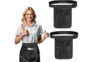 MOODKEY 2pcs Server Apron, 9.84x7.32Inch Restaurant Waitress Accessories Bag Adjustable Belt Utility Waist Pack Multi Compartment for Restaurants, Gardening, Nursing (Black)