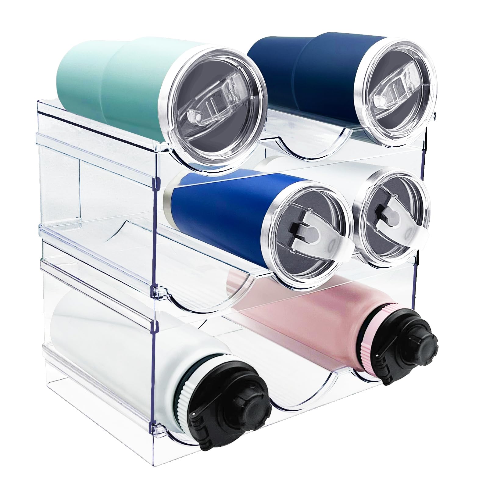 Water Bottle Storage Organiser for Cupboard, Stackable Home Kitchen Storage & Organisation Rack, Plastic Bottle Holder for Fridge Pantry Organizer and Storage, Travel Mug Thermos Flask Cup Organiser