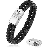 LUXEJEW Gifts for Men - Mens Bracelet, Beaded Leather Initial Bracelet 6mm Matte Agate Stone Handmade Bracelets Adjustable Stainless Steel Magnetic Clasp Mens Jewelry Gifts