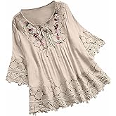 3/4 Length Sleeve Womens Boho Tops Cotton Linen Mexican Embroidered Shirts Bohemian Tops Flowy Lace Blouses