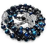 LinZengYo rosary beads catholic for men,Rosary Necklace for men with medal & cross,Handmade Blue Tiger Eye Beads Our Lady of Grace Rosary Cross Necklace Catholic Gifts
