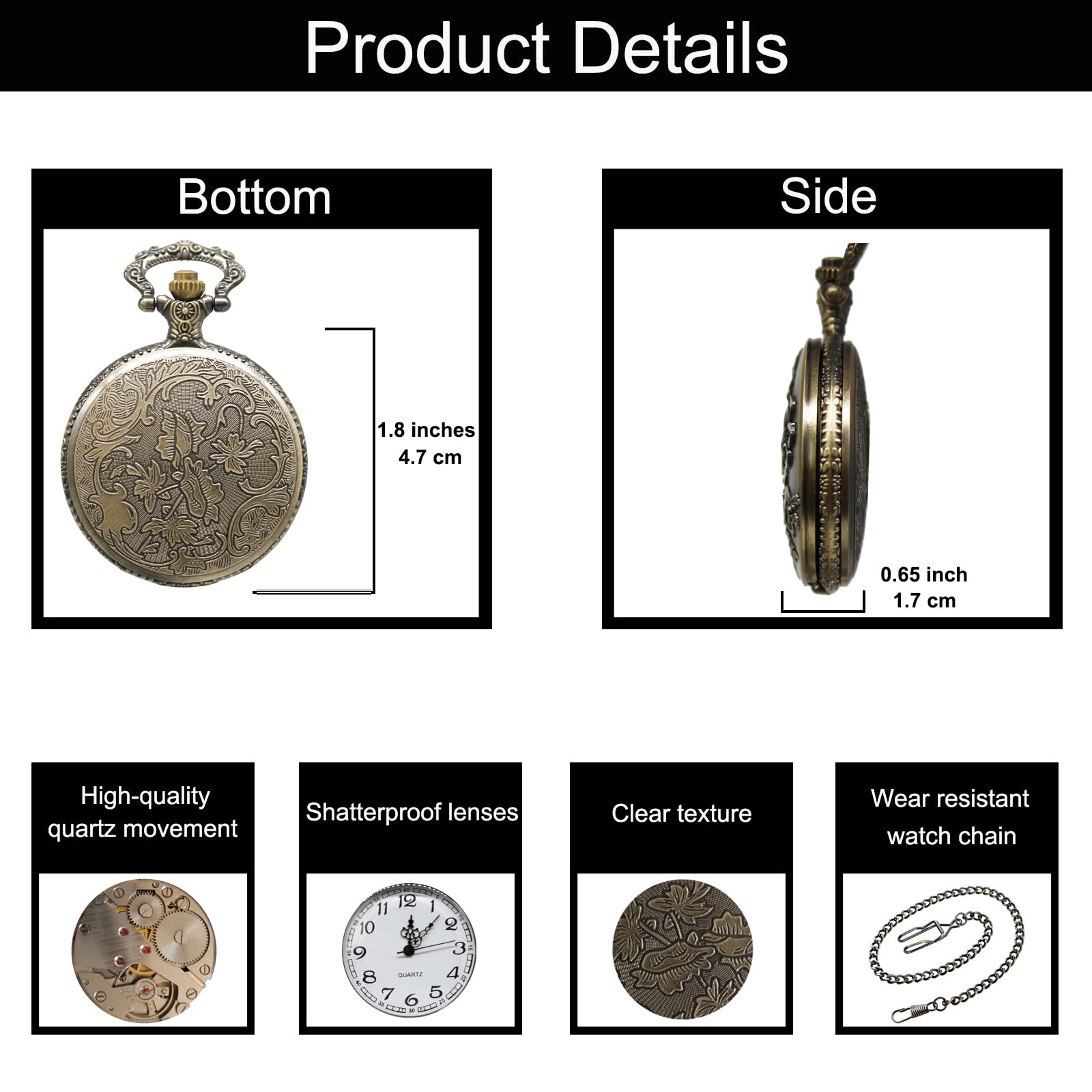 SIMAOTE Vintage Quartz Pocket Watch with Flower Pattern Cover and Chain for Women