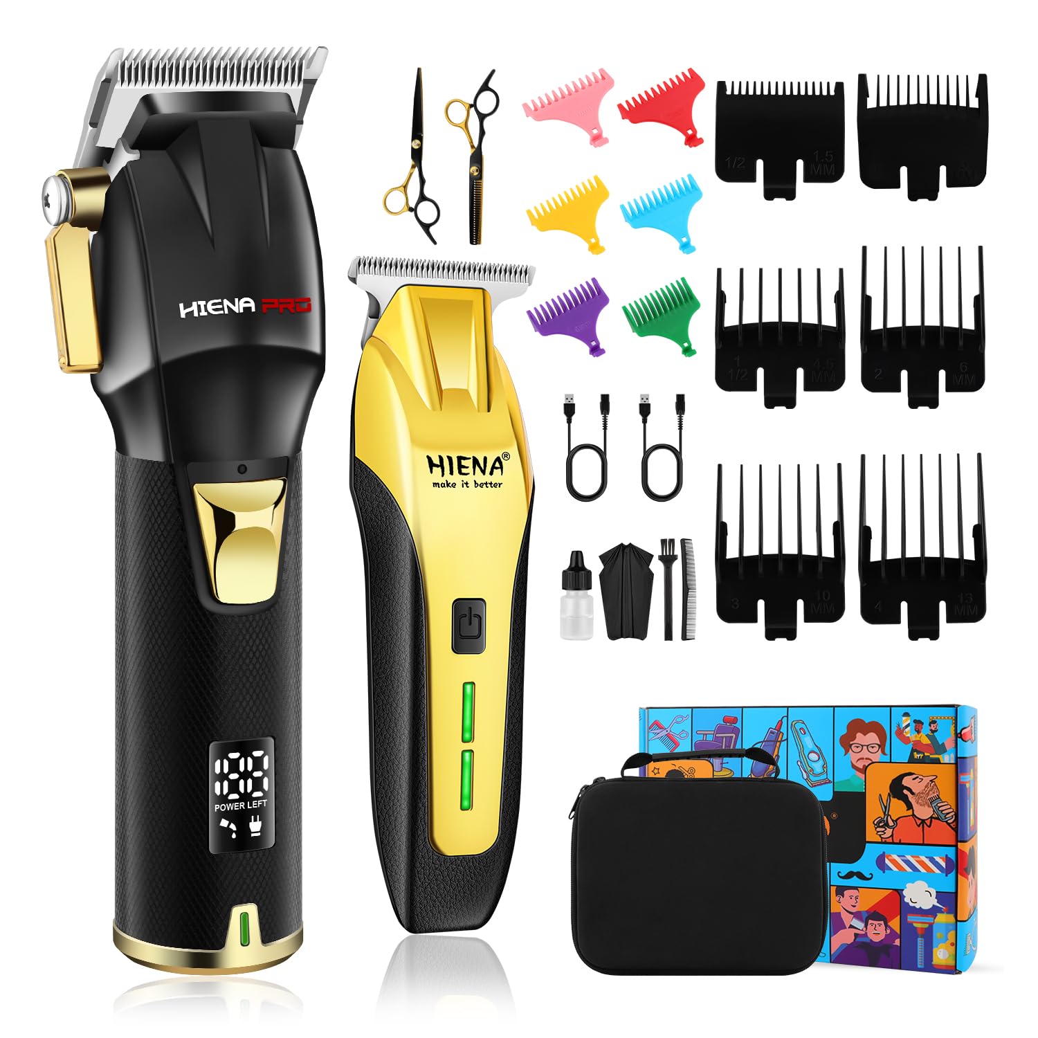 HIENA PRO Professional Barber Kit Hair Clippers Set for Men, Hair Cutting Set, Rechargeable Cordless Clippers and Trimmers Set, Hair Cutting Kit with LED Display, USB Charging, Gifts for Men, Black