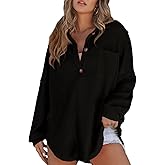 Astylish Women Waffle Knit Tops Henley Shirts Long Sleeve V Neck Solid Color Casual Tunic