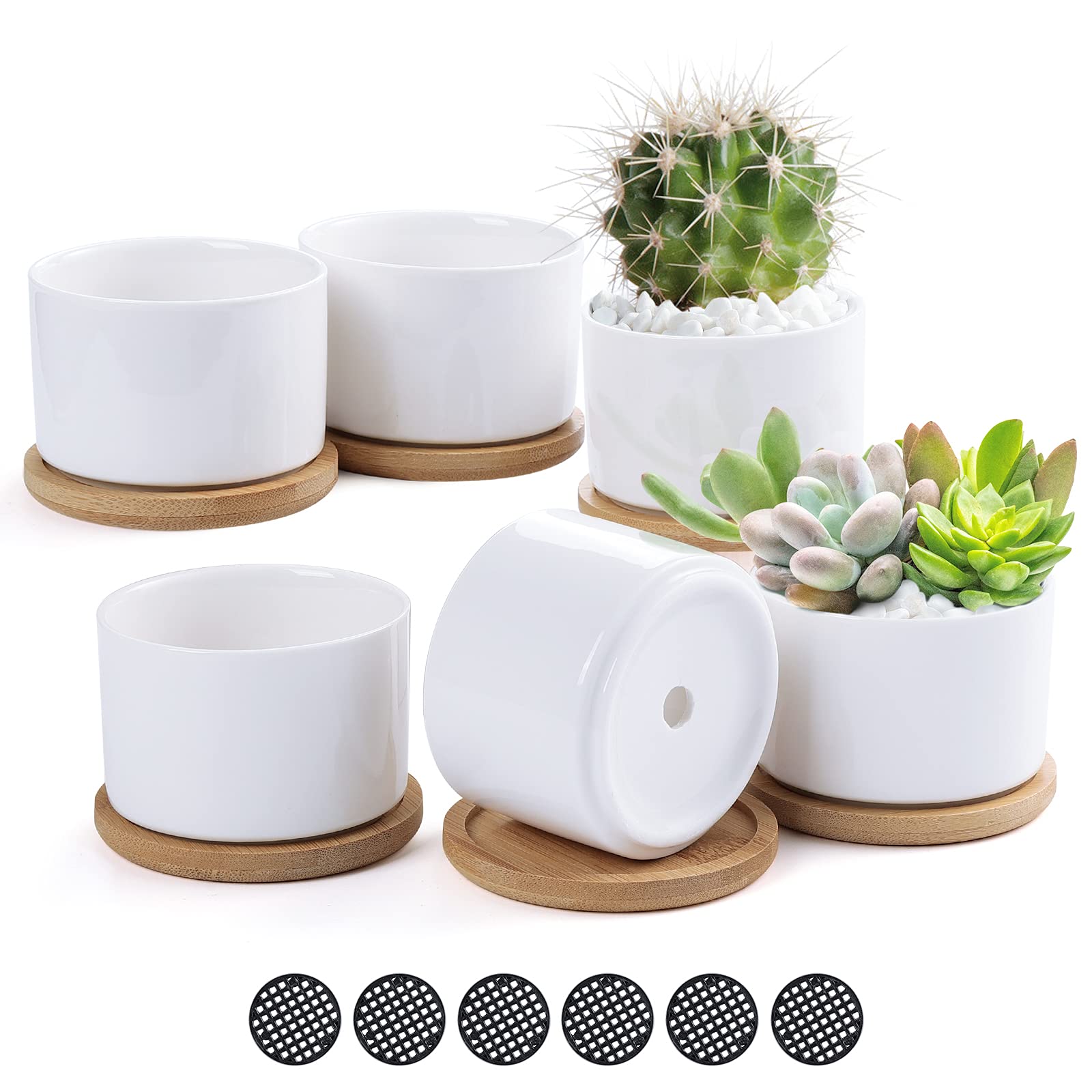 TsunNee 6PCS 3 Inches Ceramic Flower Pots, Classic Round Succulent Pots, Ceramic Planter Pots, White Mini Decorative Bonsai Pots for Home Garden Office Decor Desktop Windowsill Gift