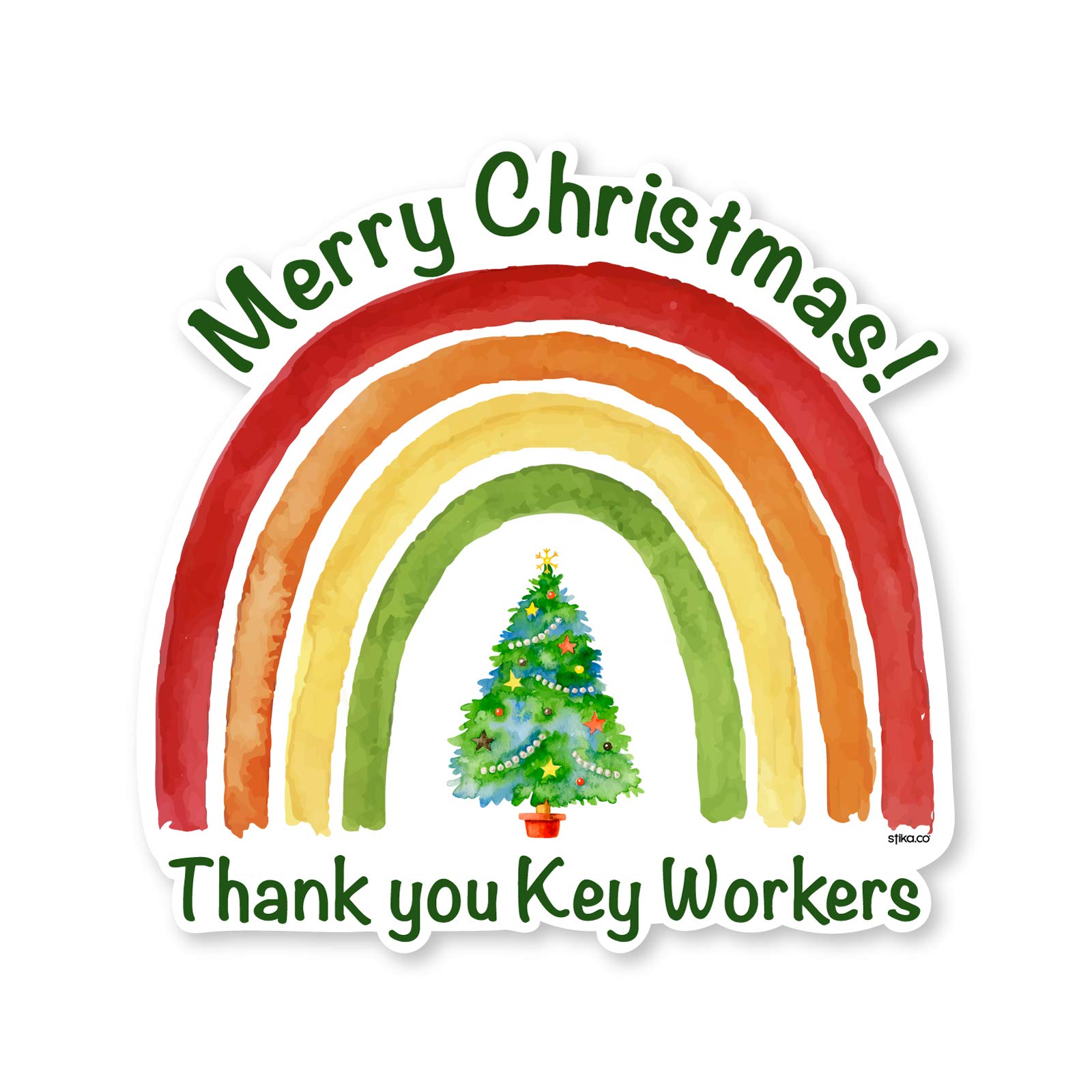 Merry Christmas to All The Key Workers, Rainbow Holiday watercoloured Design, Static Cling Window Dressing Sticker, Spread The Joy in Lockdown - 200x200mm