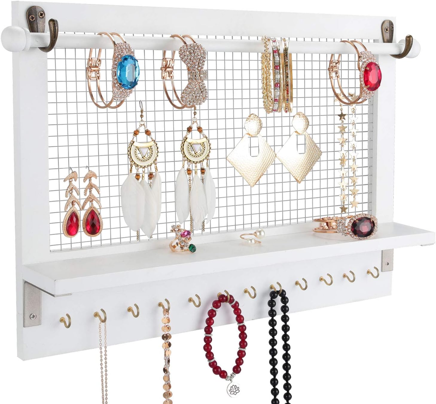 Wall Jewelry Organizer Wood Jewelry Holder Large Storage Bracelets Necklaces Earrings Organizer Holders Jewelry Display Shelf with Hooks