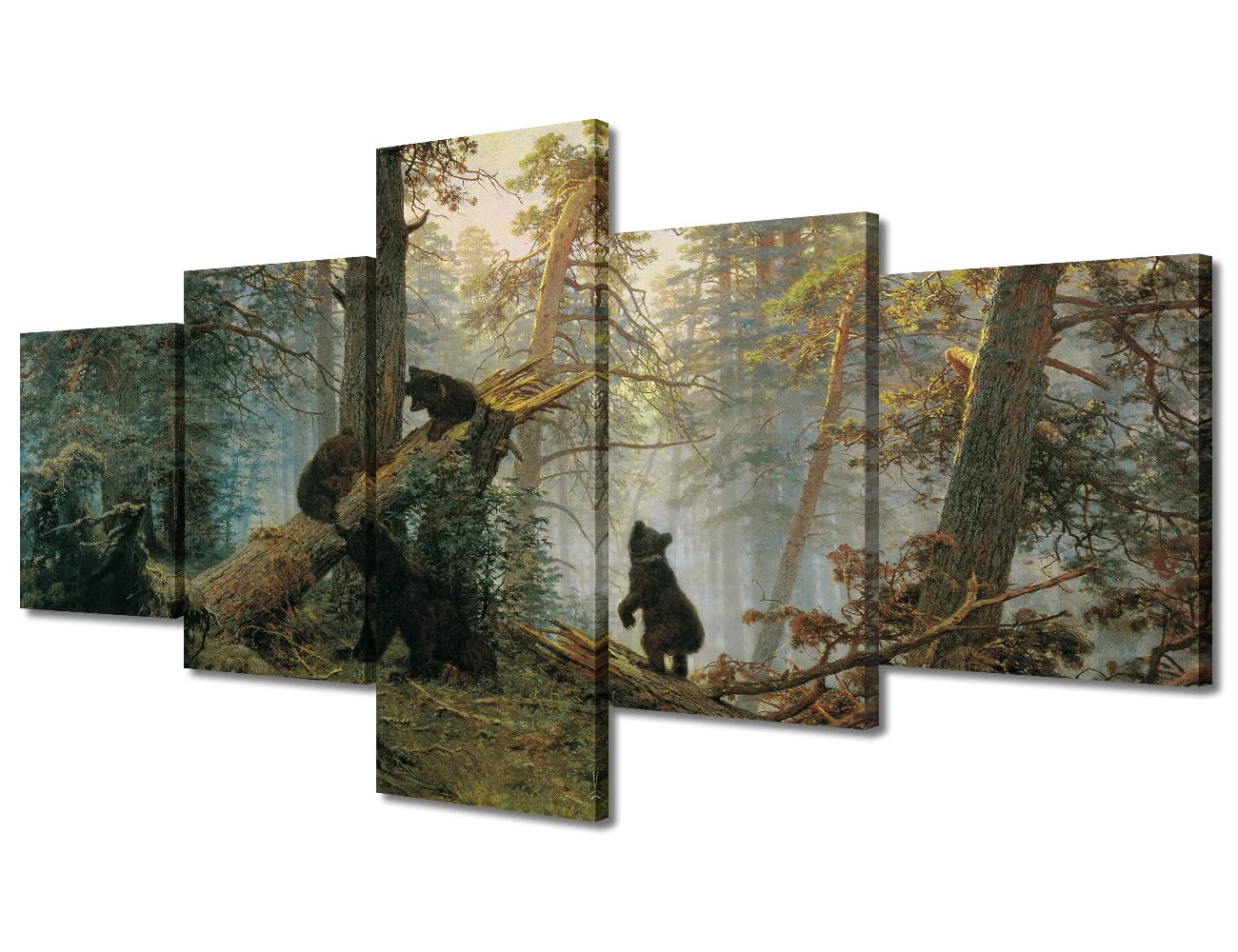 5 Panels Wall Art Bears Paintings for Living Room Bear in the Forest Poster Animal Paintings Canvas Artwork for Bedroom Wall Decor Home Decorations Framed Posters and Prints Ready to Hang 50"Wx24"H