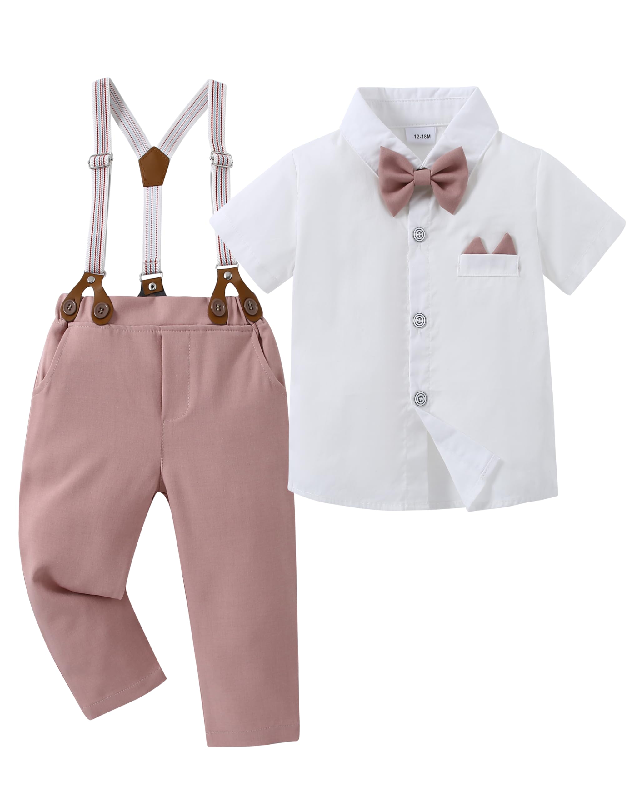 Photo 1 of ****SEE NOTES******YALLET Toddler Baby Boy Clothes Suit Gentleman Wedding Outfits, Formal Dress Shirt+Bowtie+Suspender Pants(Pink, 3-4T)
