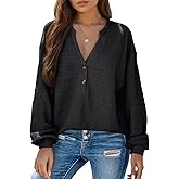Dokotoo Womens Waffle Knit Tops 2026 Dressy Casual Button Shirts Long Sleeve V Neck Blouses Basic Tee