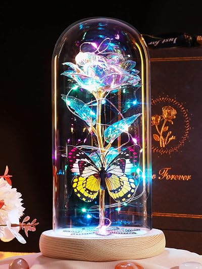 Beferr Galaxy Colorful Rose Glass Dome Light Up Gift for Mum Wife Mom