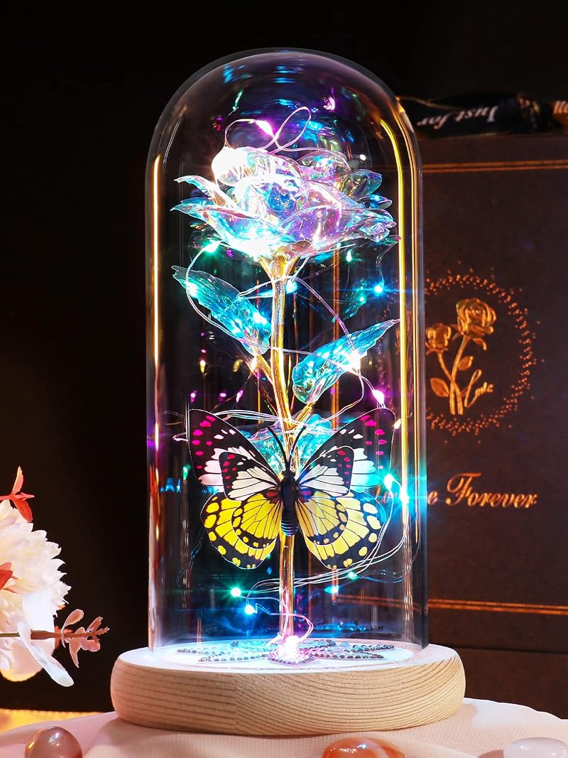 Beferr Galaxy Colorful Rose Glass Dome Light Up Gift for Mum Wife Mom