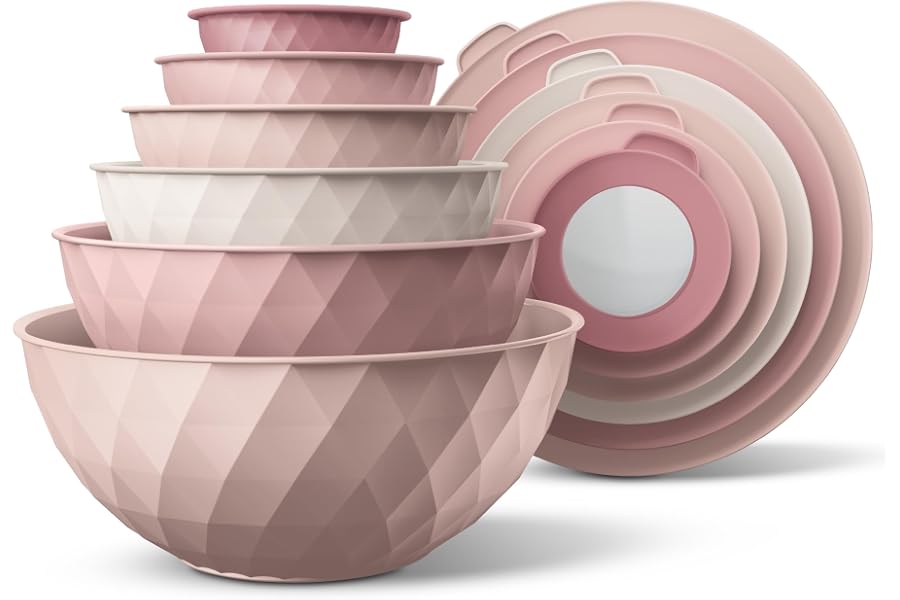 COOK WITH COLOR Mixing Bowls with Lids - 12 Piece Plastic Nesting Bowls Set includes 6 Prep Bowls and 6 Lids, Microwave Safe Mixing Bowl Set, Pink Diamond