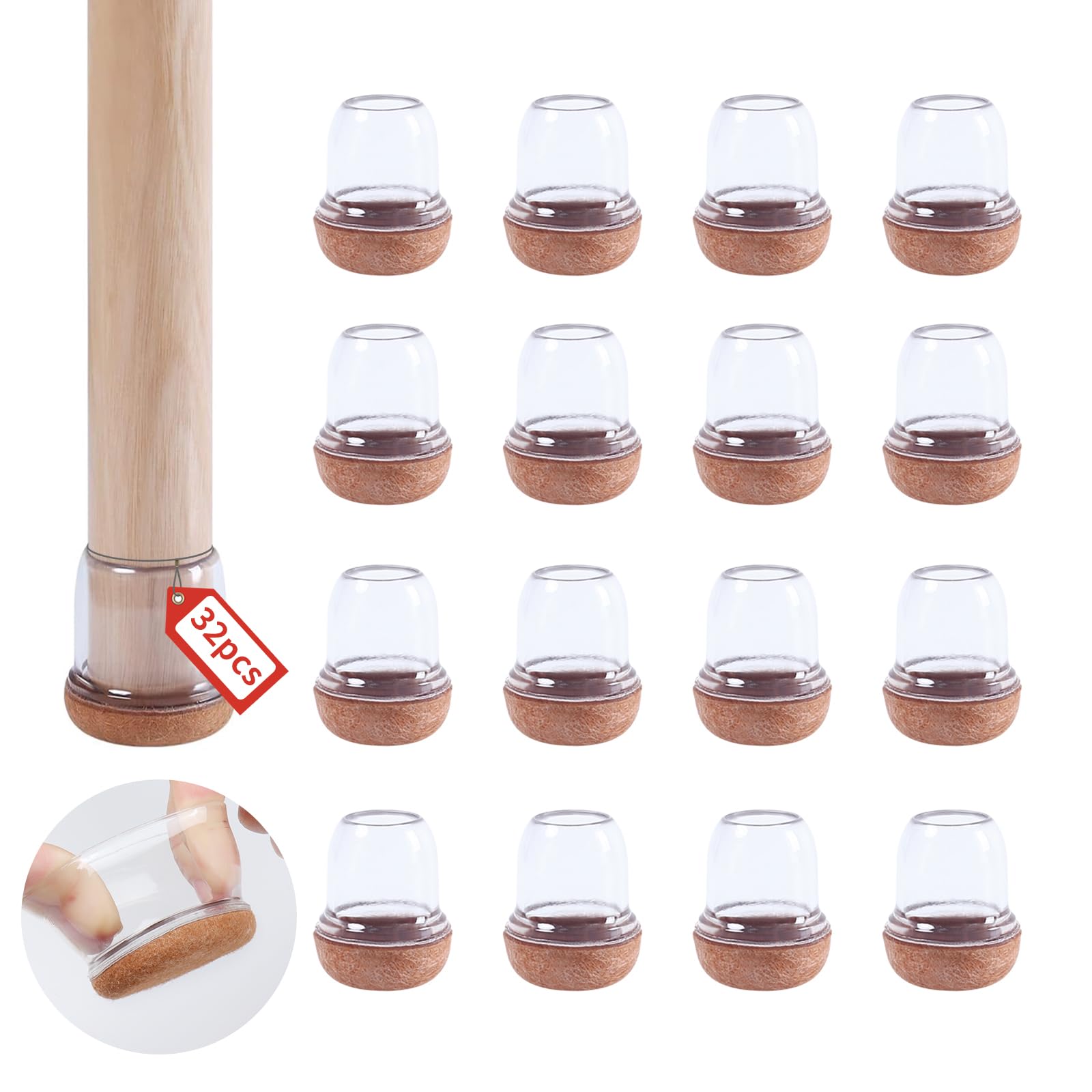 Ezprotekt Furniture Upgraded Clear Silicone Chair Leg Floor Protectors, 32P Silicone Chair Leg Caps with Wrapped Felt, Chair Leg Covers Smooth Moving Chair Feet Protectors, No Scratches (Round, 1")