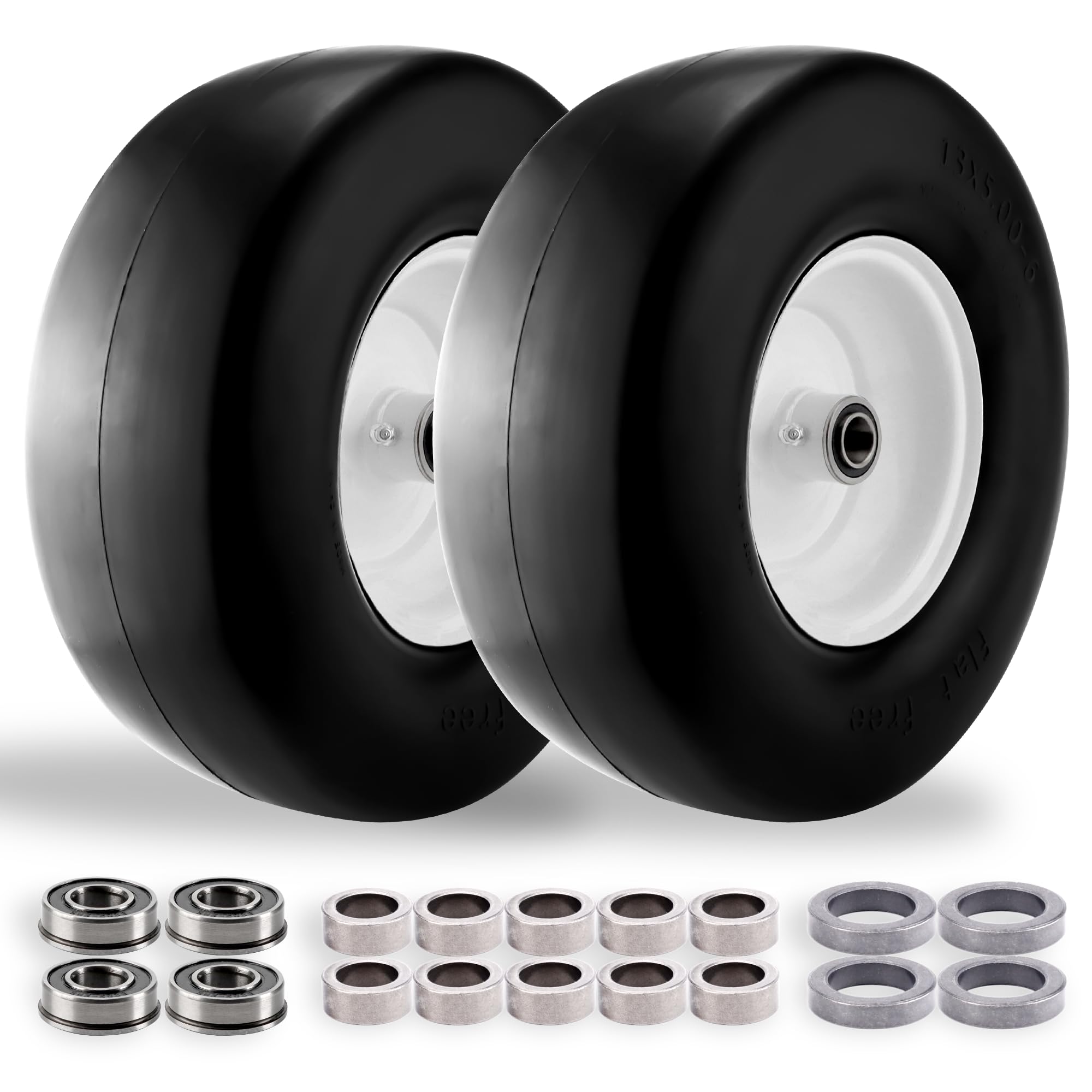 Photo 1 of 13x5.00-6 Flat Free Tire and Wheel for Zero Turn Lawn Mower,Commercial Grade Lawn - 13x5.00-6 Smooth Solid Front Tire Assembly with 3/4" & Extra 5/8" Bushings,3.25" Centered Hub - 2 pcs