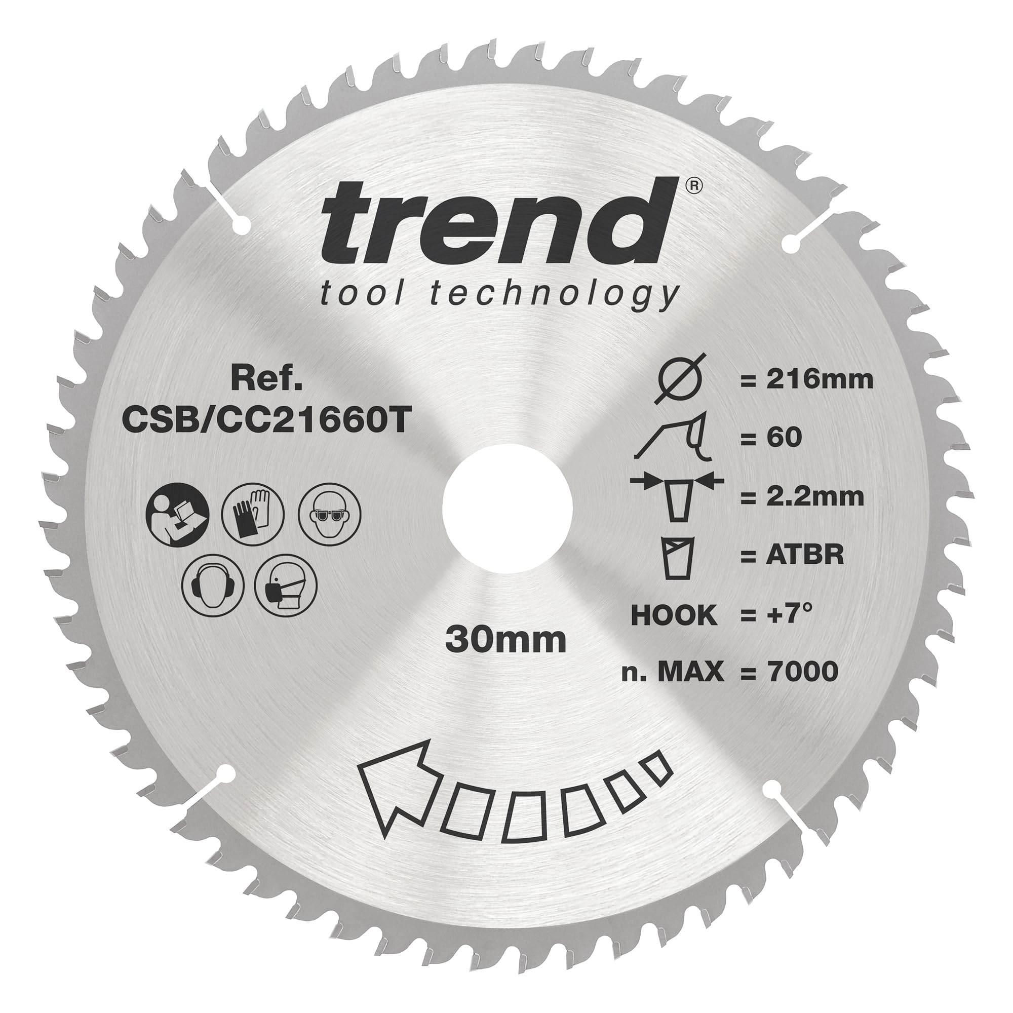 Trend Wood Cordless ATBR Mitre Saw Blade, 216mm Diameter, 30mm Bore, 60 Teeth, 2.2mm Kerf, +7° Hook, TCT, Extra-Fine Finish, CSB/CC21660T