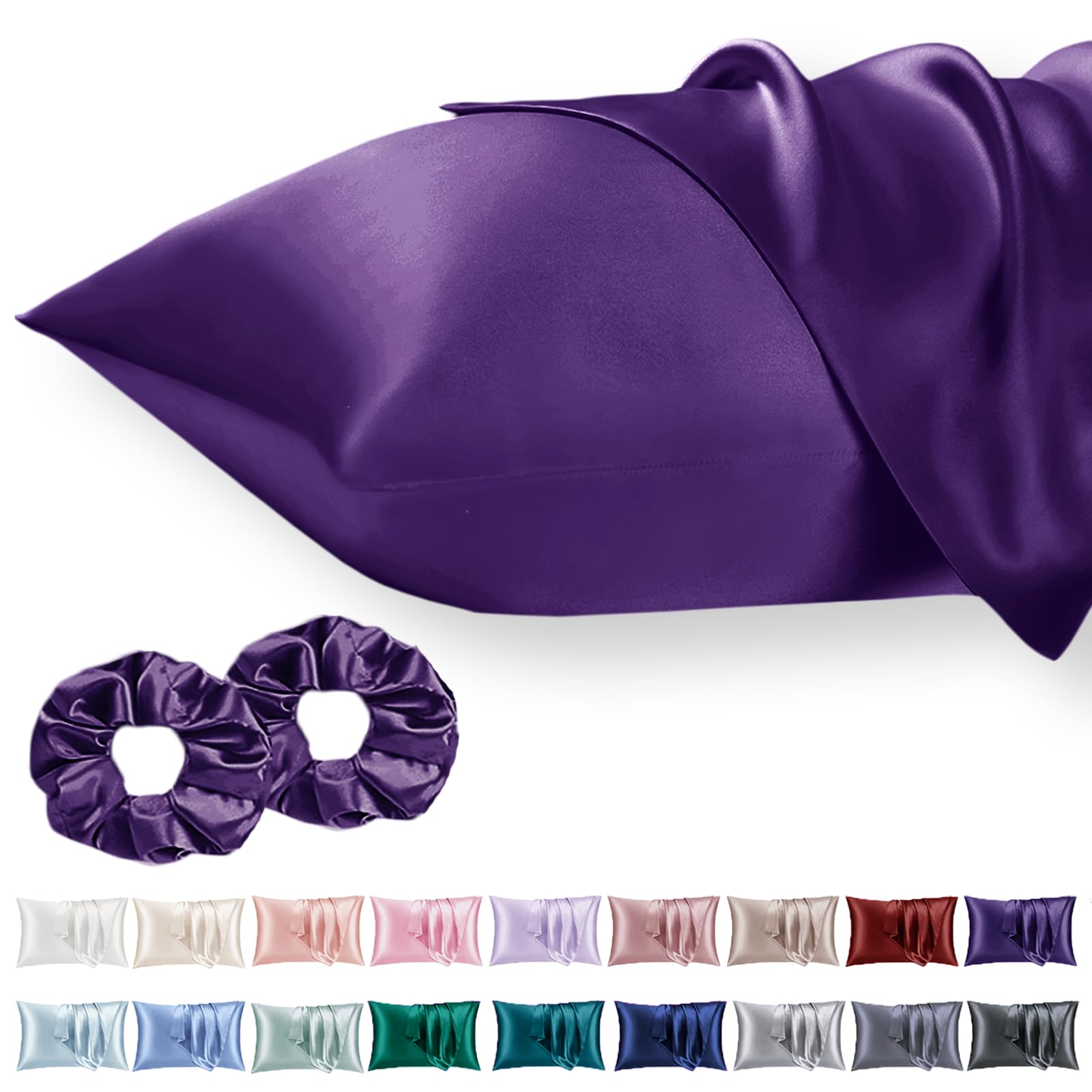 Vielit 2 Pack Satin Pillowcase for Hair and Skin Cooling,Soft as Silk Pillowcase for Hair and Skin,Easier Care than Silk Pillow Case Plum 50x75cm Gifts for Women Envelope & 2 Scrunchies