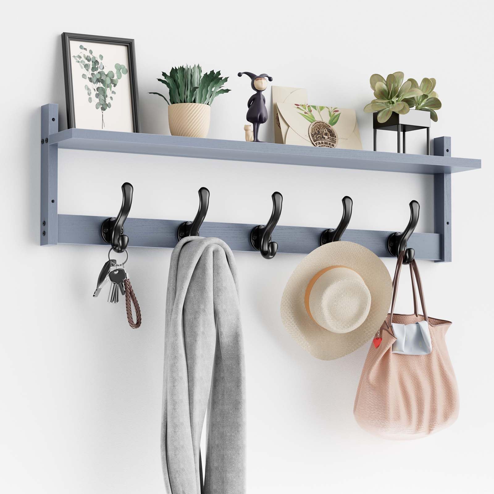 Tatub 29'' Coat Rack Wall Mount with Shelf, Wood Wall Hooks with Storage, Entryway Shelf with 5 Coat Hangers for Bathroom, Living Room, Bedroom, Grey