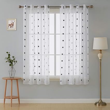 Deconovo Linen Look Embroidered Voile Curtains Star Pattern Sheer