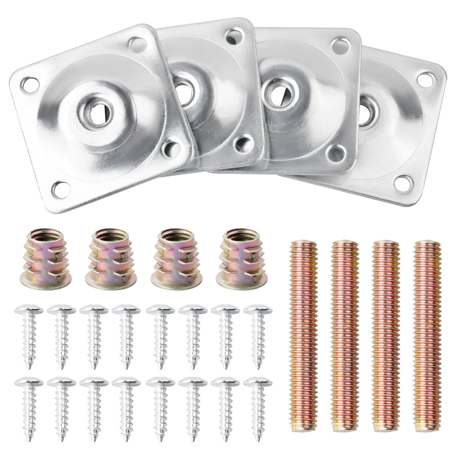 Catime 4 Sets Metal Leg Mounting Plates with Hanger Bolts Screws, Furniture Legs Attachment Plates, M8 Sofa Legs Fixing Brackets for Table Sofa Couches Chairs Furniture Legs (Silver)