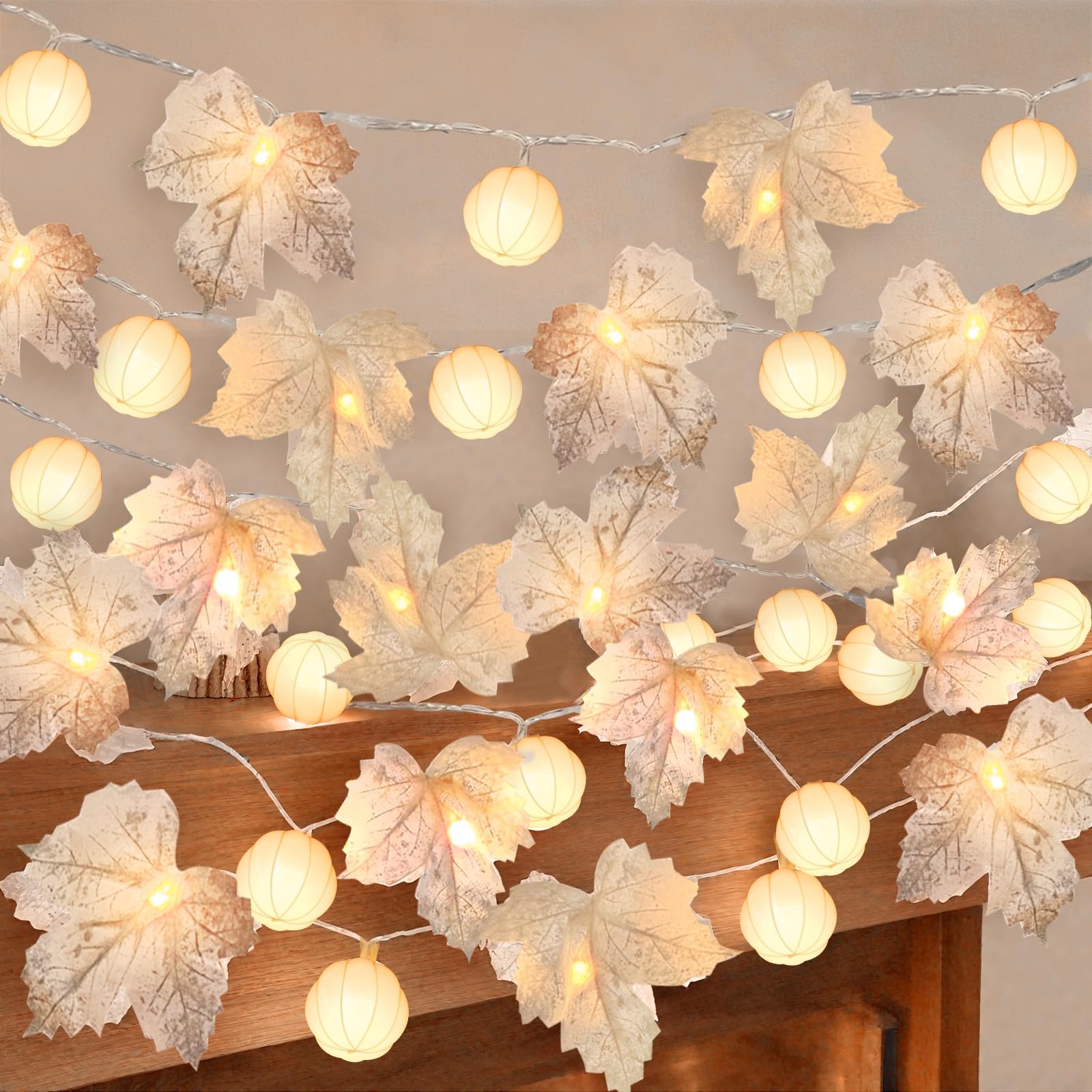 Photo 1 of 3 Pack 60 LED Pumpkin Lights Fall Decorations - Fall Garland with 3D Pumpkin Enlarged Maples Leaf Battery Operated Pumpkin Halloween Decor Autumn Thanksgiving Fall Decor for Home Indoor Outdoor